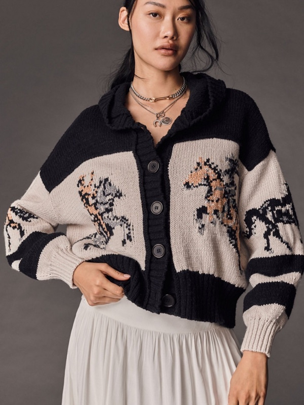 Pilcro Black & Cream Hooded Button-Front Horse Intarsia Cardigan Sweater SAMPLE - Picture 3 of 11